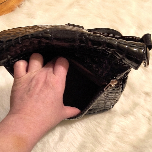 THE TREND Crossbody Bag Purse Croc Embossed black Leather ITALY. - Picture 8 of 11